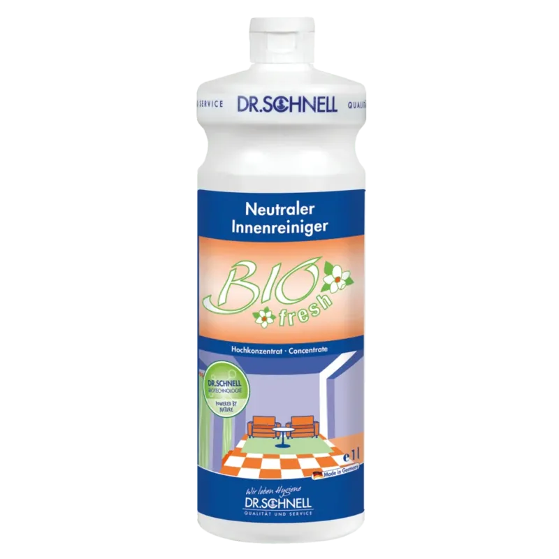 Eine weiße 1L Flasche DR.SCHNELL BIOFRESH Probiotischer Geruchstilger für Gebäudereinigung und Raumfrische von DR.SCHNELL GmbH & Co. KGaA, mit blau-orangem Etikett und Innenraumgrafik - ideal für dauerhafte Frische.