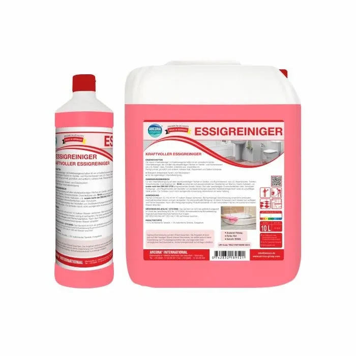 Zwei Gebinde des Arcora International GmbH Arcora ESSIGREINIGER KRAFTVOLLER ESSIGREINIGER - eine 1-Liter-Flasche und ein 10-Liter-Krug - sind in weiß mit roten Etiketten in deutscher Sprache abgebildet. Dieser kraftvolle Reiniger entfernt effektiv Kalkablagerungen.