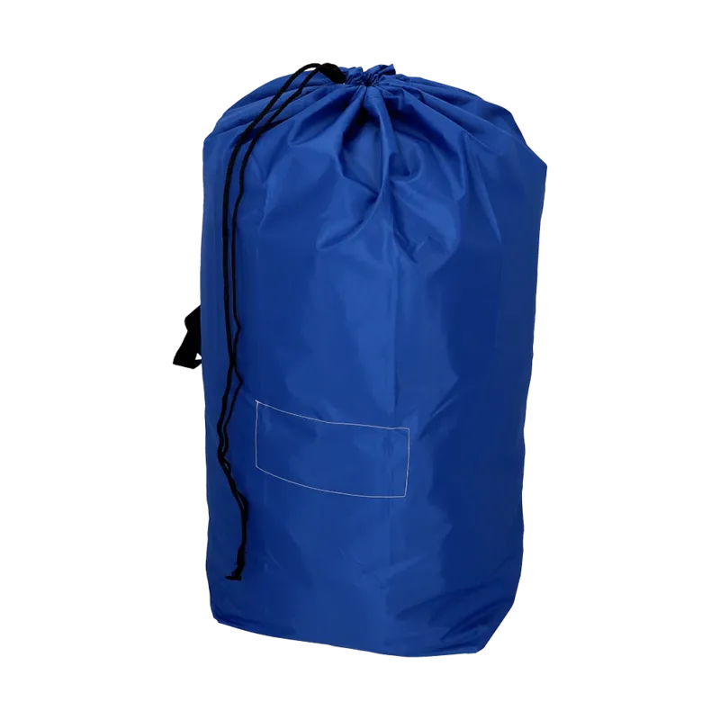 Der DEISS 6505 wiederverwendbarer Abfallsack (700x1100 mm, blau) von EMIL DEISS KG besitzt eine schwarze Kordel und eine rechteckige Fronttasche, fotografiert vor weißem Hintergrund.