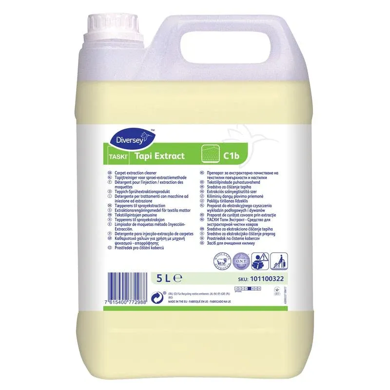 Ein 5-Liter-Kanister Diversey TASKI Tapi Extract Teppich-Sprühextraktionsreiniger mit O.N.T.-Technologie, Wollsiegel-zertifiziert, verfügt über einen Tragegriff und ein mehrsprachiges Etikett mit Produktangaben und Anweisungen.