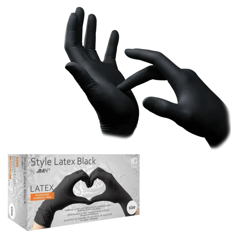 Zwei Hände tragen STYLE LATEX BLACK, schwarze, puderfreie Latex-Untersuchungshandschuhe von AMPri Handelsgesellschaft mbH. Eine Hand zieht am Handschuhbund. Darunter zeigt die Packung zwei behandschuhte Hände in Herzform.