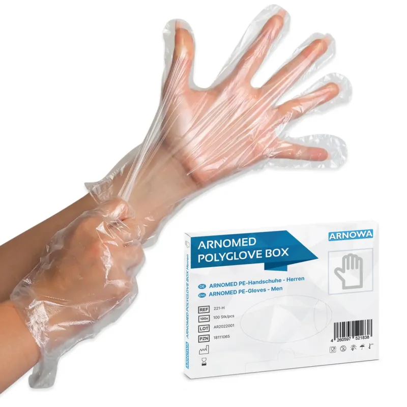Eine Person zieht eine ARNOMED POLYGLOVE BOX - Einmalhandschuhe aus PE in der Box von ARNOWA GmbH an. Im Vordergrund zeigt eine hygienische Spenderbox die Produktangaben.