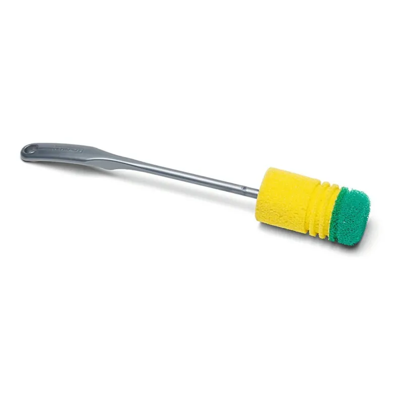 Die Nölle Profi-Bürste Isolierkannenbürste Duo-Schaum 34 cm hat einen gelben Schaumstoffkern, ein grünes Scheuerpad und einen grauen Kunststoffgriff, der eine effektive und bequeme Reinigung ermöglicht. Marke: Nölle Profi-Bürste Bürsten- & Pinseltechnik e.K.