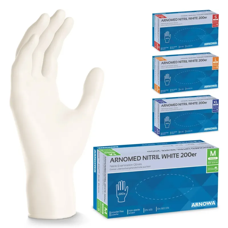 Ein weißer ARNOMED NITRIL WHITE 200er Nitrilhandschuh der ARNOWA GmbH steht neben vier Kartons in verschiedenen Größen - klein, mittel, groß und extragroß - mit jeweils unterschiedlichen Farbetiketten.