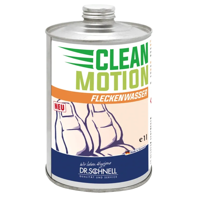 Ein 1L Metallkanister Dr. Schnell CLEANMOTION Fleckenwasser von DR.SCHNELL GmbH & Co. KGaA, ein effektiver Fahrzeuginnenreiniger und Fleckenentferner-perfekt für die Fahrzeugaufbereitung. Mit orange/grünem Text und blauem Logo mit Autositzen.