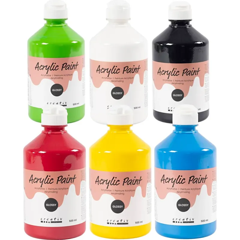 Acrylic Paint Glossy, primary colours, 6x500 ml