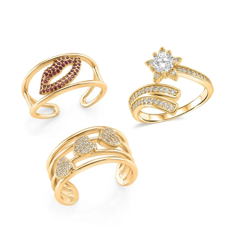 3er Set -Weißer Zirkonia Cuff-Ringe, vergoldet, Nickelfreies Messing (Größe 21.00)