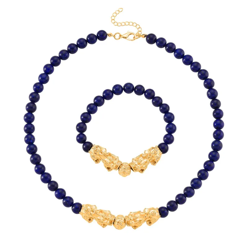 2er Set - Lapislazuli Halskette und Armband Legierung gelb vergoldet ca. 430.00 ct