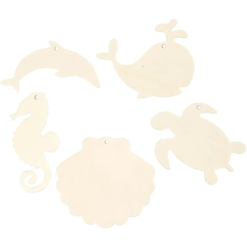 Sea Creatures for Hanging, Seahorse, turtle, dolphin, mussel and whale, H: 5-10 cm, W: 5-10 cm, hole size 3 mm, thickness 2 mm, 5 pc