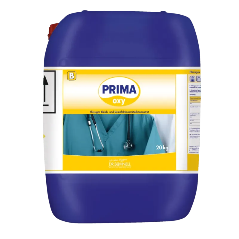 Ein großer blauer 20 kg Dr. Schnell PRIMA OXY Wäschedesinfektion automatische Dosierung Behälter der DR.SCHNELL GmbH & Co. KGaA für die professionelle Wäschedesinfektion, mit medizinischer Motivik, zur Verwendung als flüssiges Bleich- und Desinfektionsmittelkonzentrat.