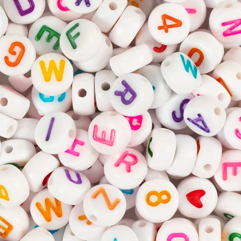 Letter Beads, size 7 mm, hole size 1,2 mm, ca. 200 pc, white, 25 g
