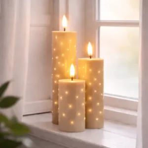 LED Blockkerzen TWINKLE beige - Set mit 3 Kerzen.