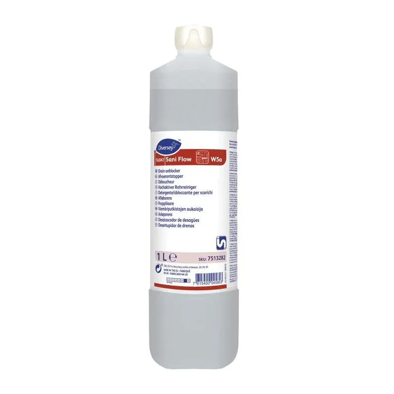 Eine 1-Liter-Flasche TASKI Sani Flow, ein hochaktiver, hochalkalischer Rohrreiniger von Diversey Deutschland GmbH & Co. OHG, mit mehrsprachigem Etikett und weißem Verschluss. Die klare Flüssigkeit beseitigt effizient Verstopfungen.