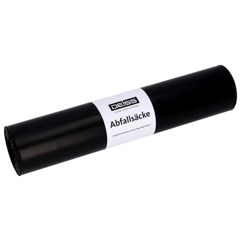 Eine schwarze Rolle EMIL DEISS KG (GmbH + Co.) Müllsäcke mit der Aufschrift "DEISS 95059 - 600x700 mm Typ 60 schwarz | Rolle (25 Stück)" liegt auf einem schlichten, hellen Hintergrund.