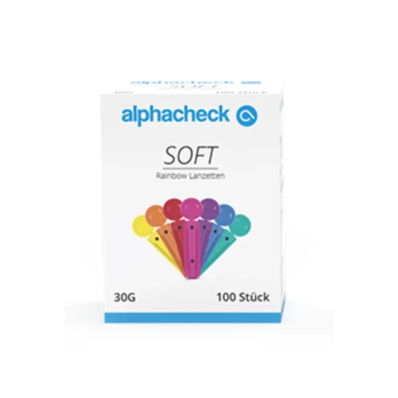 Schachtel mit Alphacheck Soft Rainbow Lanzetten, verschiedene Größen von Berger Med GmbH für Blutentnahme. Die Schachtel ist hauptsächlich weiß mit blauer Ober- und Unterseite. Das Bild auf der Vorderseite zeigt eine fächerartige Anordnung bunter Lanzetten in den Farben Gelb, Rosa, Rot, Lila, Blau und Grün. Der Text lautet „30G“ und „100 Stück“.