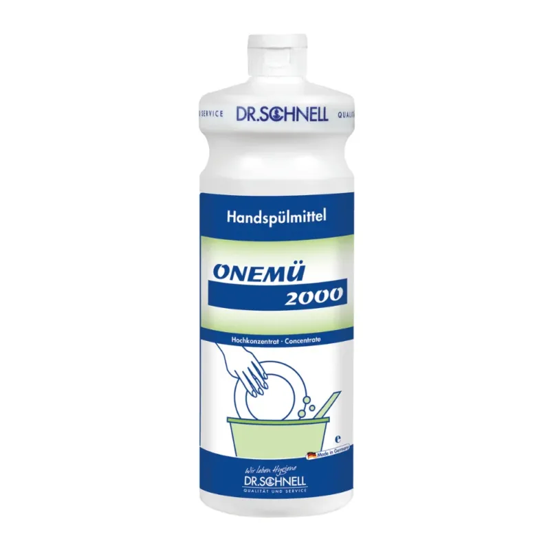 Eine weiße Flasche Dr. Schnell ONEMÜ 2000 Universalreiniger und Handspülmittel von DR.SCHNELL GmbH & Co. KGaA trägt ein deutsches Etikett, das es als hochkonzentriertes Geschirrspülmittel zum Spülen von Hand kennzeichnet und eine umweltfreundliche, biologisch abbaubare Formel sowie eine Illustration zum Handwaschen zeigt.