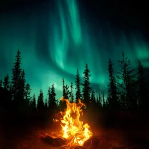 Duschrückwand-Lagerfeuer mit Nordlichtern in den Wäldern Schwedens