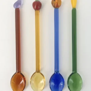 4er Set Marmeladenlöffel / Cocktaillöffel aus Glas, Länge ca. 14cm, Amber/ Blau/ Gelb/,Grün ,mit Früchte