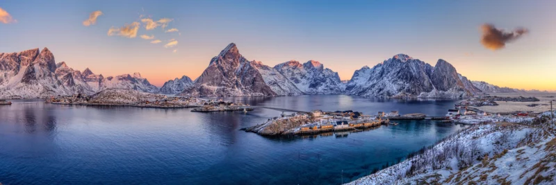 Küchenrückwand-Norwegen Fjord Panorama Blau-Weiß