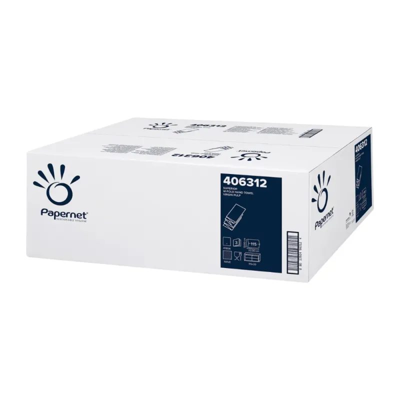 Ein weißer Karton mit blauem Etikett trägt das Logo der Sofidel Germany GmbH und die Produktnummer 406312. Dieser Karton ist für die Aufnahme von Papernet W-Falz, einem dreilagigen Seidenpapier, konzipiert und zeigt an den Seiten W-Falz-Abbildungen sowie beschreibenden Text.