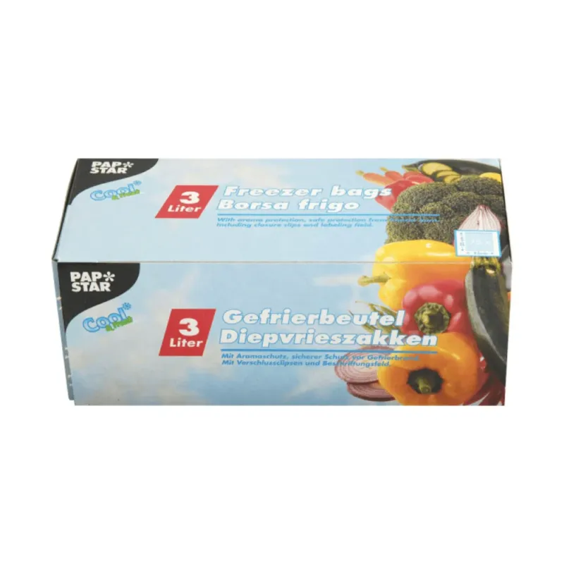 Zu sehen ist ein Karton mit 75 Starpak-Gefrierbeuteln mit 3 Liter Fassungsvermögen aus LLDPE. Auf der Verpackung sind Bilder verschiedener Gemüsesorten und mehrsprachige Texte zu sehen, darunter „Freezer bags“, „Gefrierbeutel“ und „Borsa frigo“.