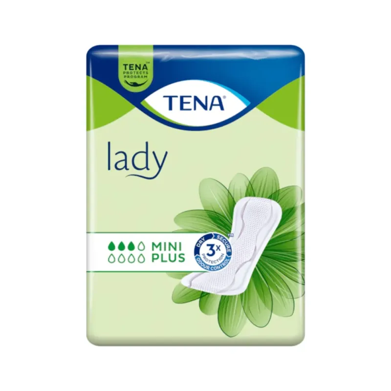 Die Verpackung der TENA Lady Mini Plus Slipeinlage von Essity Deutschland GmbH ist in Grün gehalten und trägt das Logo der Marke prominent oben. Neben dem Text „3x Schutz“, der die DryZone-Technologie für verbesserte Wirksamkeit gegen Blasenschwäche hervorhebt, ist das Bild einer Einlage zu sehen.