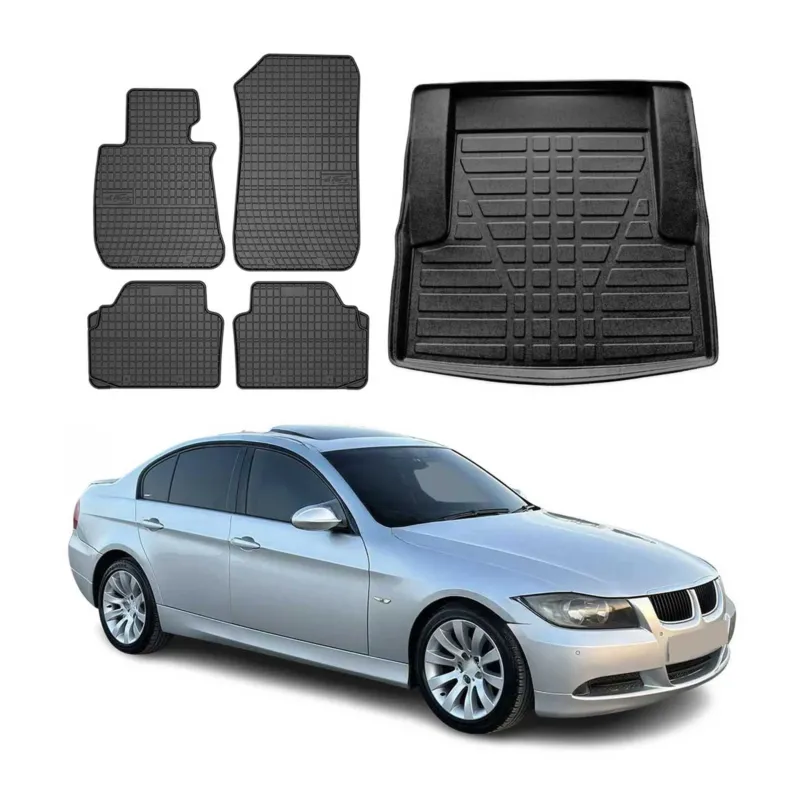 Fußmatten & Kofferraumwanne Set für BMW 3er E90 Limo 2004-2011 Gummi Schwarz 5x