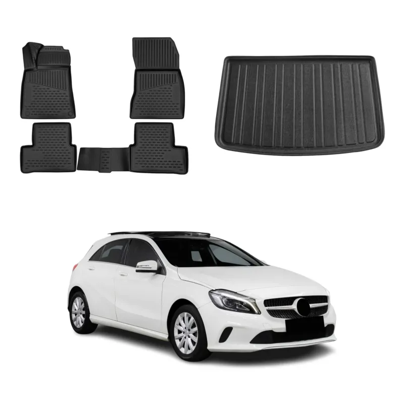 Fußmatten & Kofferraumwanne für Mercedes A Klasse W176 2015-18 Facelift Schwarz