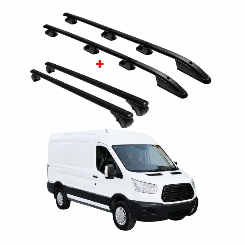 Dachreling + Dachträger für Ford Transit 2015-2026 L2 Mittel Alu Schwarz 4x
