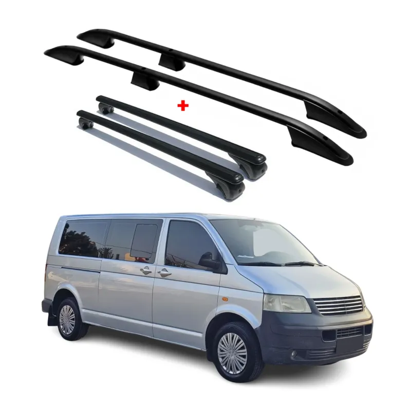 Dachreling + Dachträger für VW T5 T6 T6.1 Transporter L2 Langer Alu Schwarz 4x