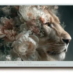 Paul Sinus Wandbild The Blooming Lion Majestätisches Porträt eines Löwen, umgeben von einem Kranz aus zarten Blüten – Symbol für Kraft und Anmut.
